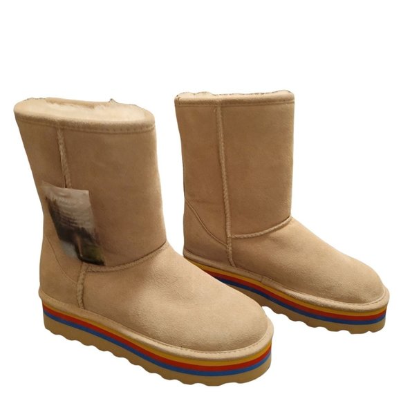 Bearpaws Shoes - Bearpaw Womens Boots Cream 10 Retro Chunky Sole Mid Calf Suede